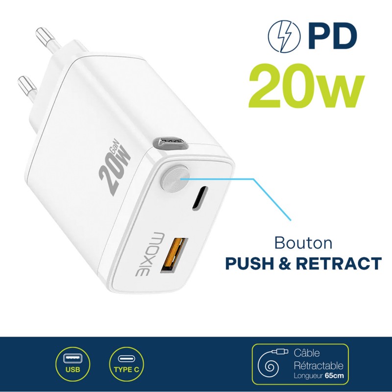 20W Fast Charge Mains Charger with Retractable Type-C Cable