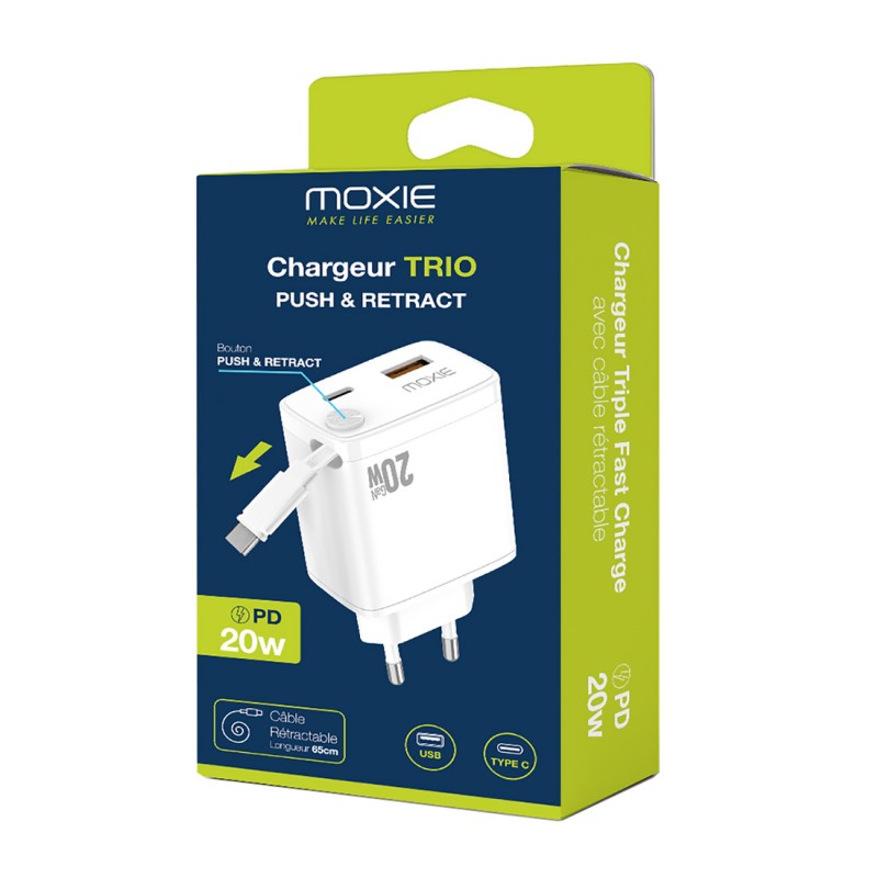20W Fast Charge Mains Charger with Retractable Type-C Cable