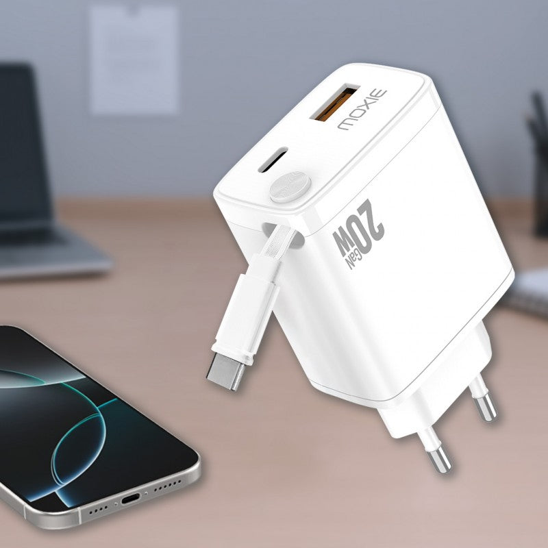 20W Fast Charge Mains Charger with Retractable Type-C Cable