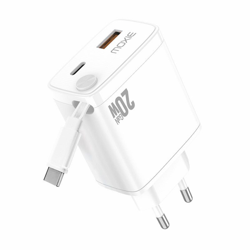 20W Fast Charge Mains Charger with Retractable Type-C Cable