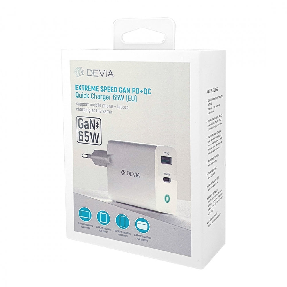 Devia Extreme Speed Gan PD + QC Mains Charger - Dual Type-C and USB Output
